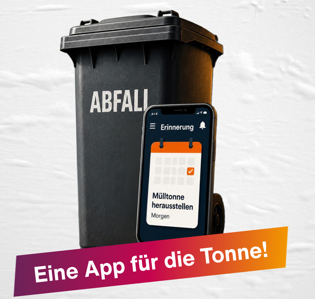 weisser Hintergrund mit schwarzer Abfalltonne und Smartphone in der Bildmitte